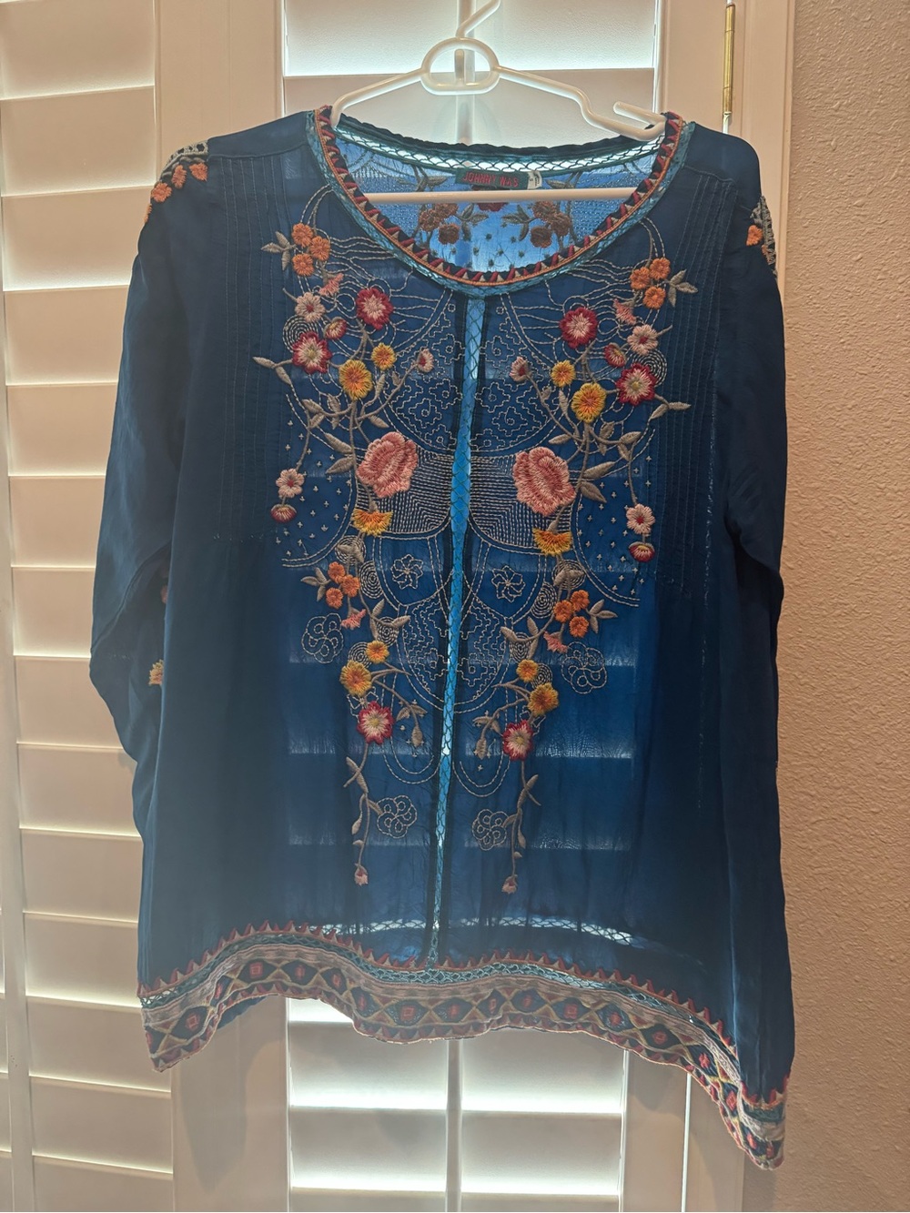 Johnny Was Turquoise Blue Embroidered Floral Tunic